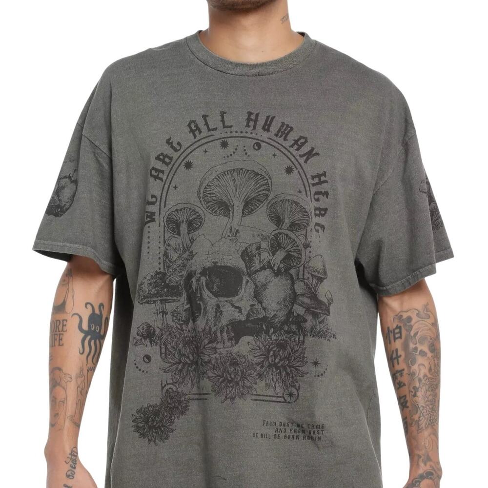 Thorn & Fable Mushroom Skull Grunge Shirt, Washed Charcoal, Streetwear, S/M